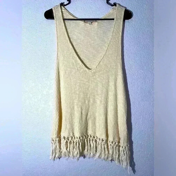 Anthropologie Eri + Ali Redonda Fringed Tassel Hem Tank Top in Cream Small - Picture 1 of 8